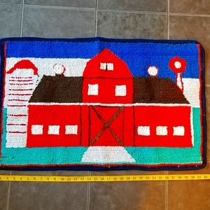 Old Fashioned Red Barn Motif Hooked Rug Art